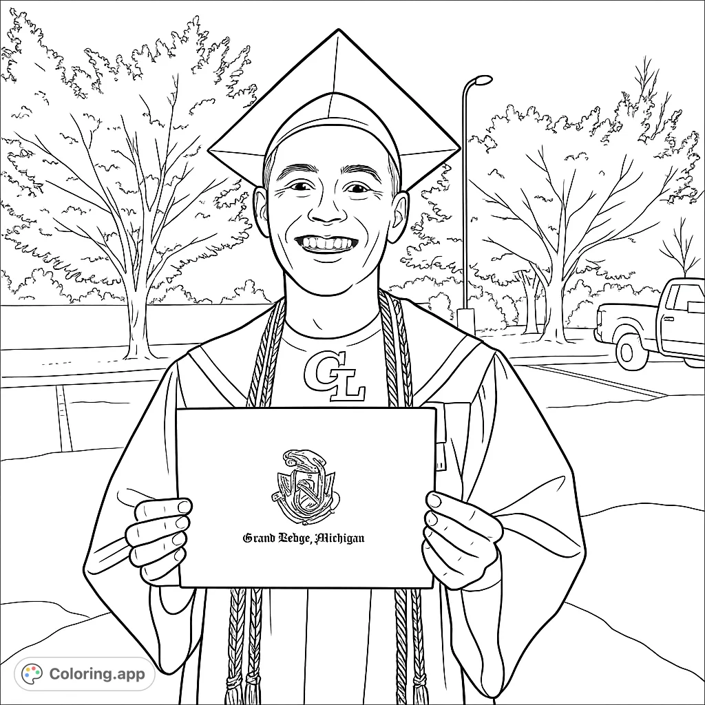 Celebrate achievement with this graduation coloring page featuring a smiling graduate holding a diploma, perfect for commemorating special milestones.