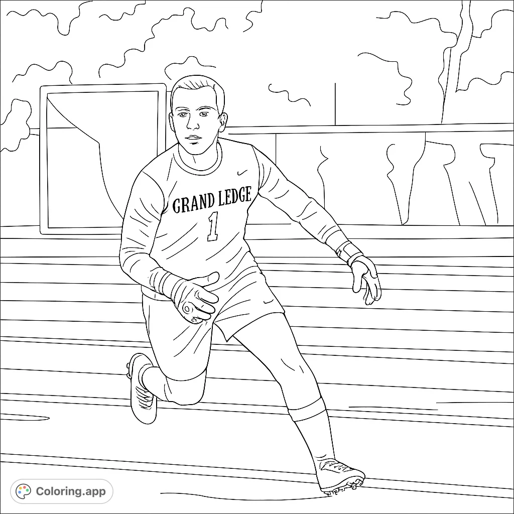 Dynamic soccer goalkeeper in action, lunging forward on the field. Features a detailed uniform, gloves, and a stadium background.