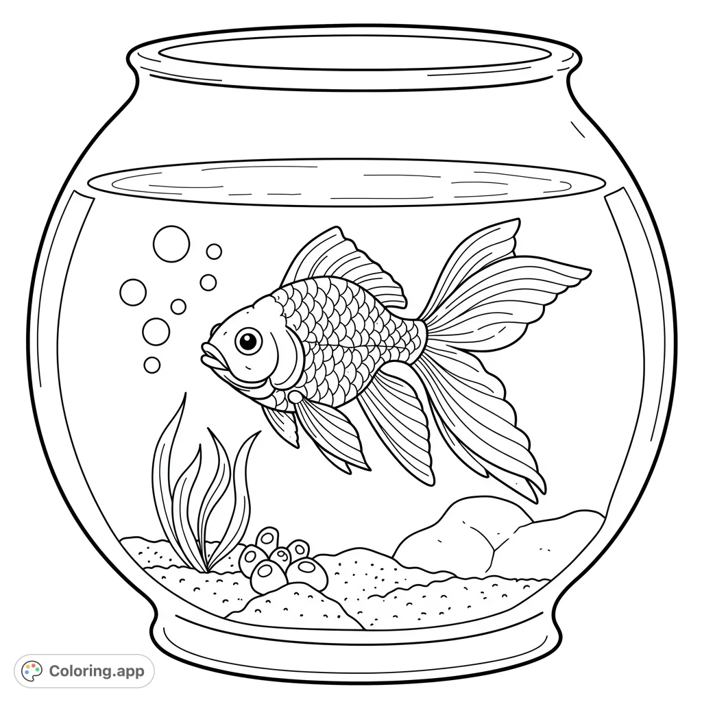 Dive into a serene goldfish coloring page! A detailed goldfish with flowing fins swims in a classic fishbowl, complete with aquatic plants and bubbles.