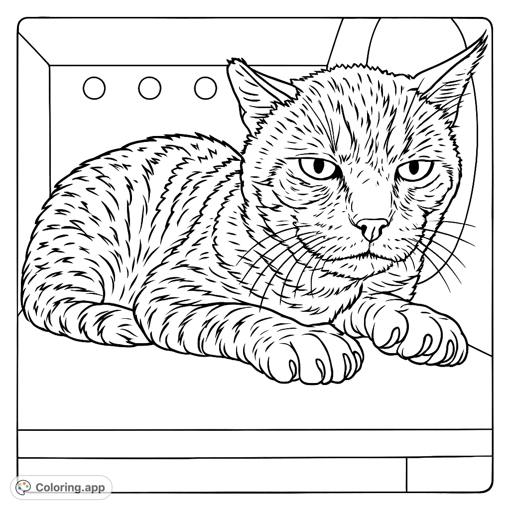 A charming cat rests inside a box, featuring detailed fur textures and expressive eyes. A purr-fect free printable cat coloring page for all ages!