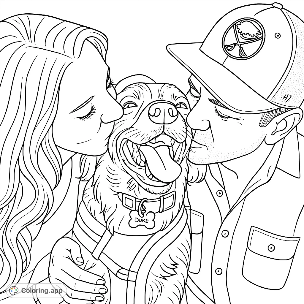 A heartwarming family pet coloring page featuring a couple showering their joyful dog with kisses. Perfect for animal lovers and family fun.