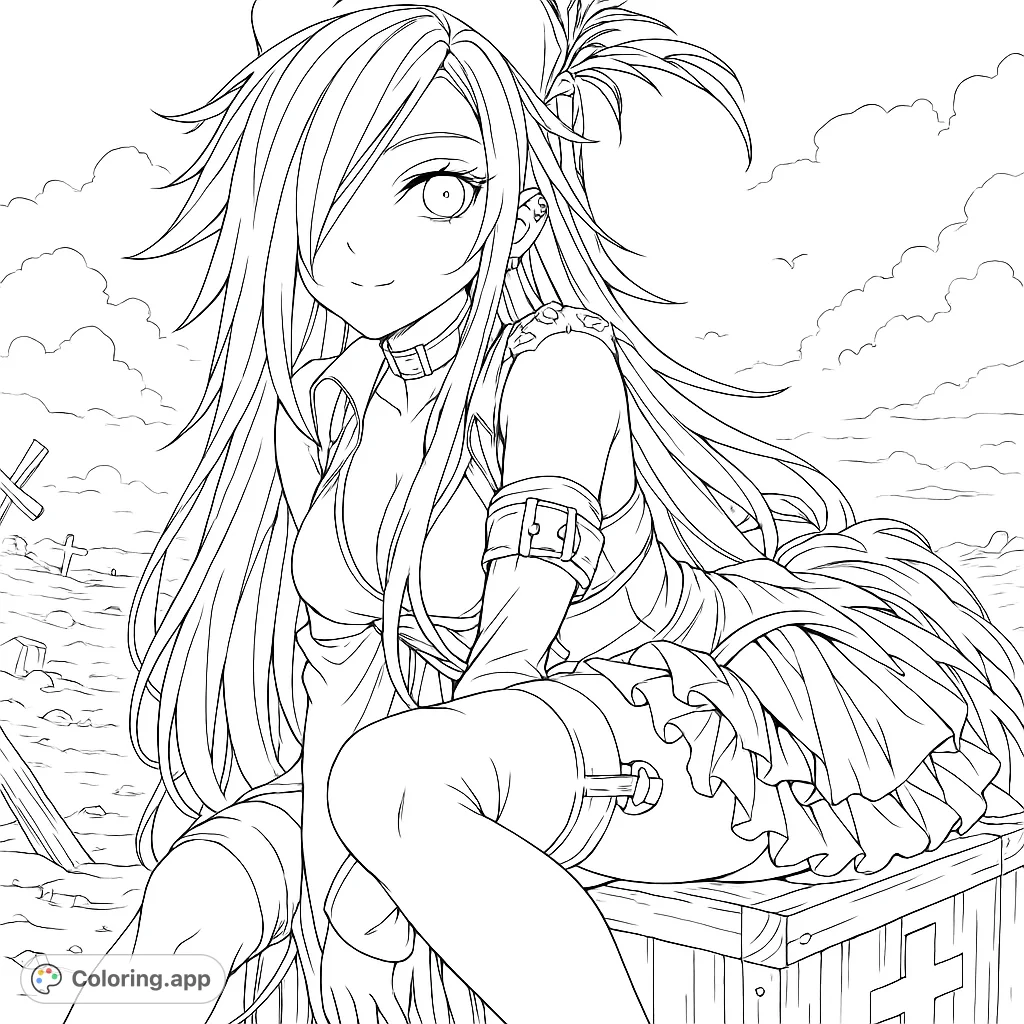 Anime girl with long hair sits on a crate in a desolate landscape with crosses and clouds. A free printable anime coloring page for all ages.