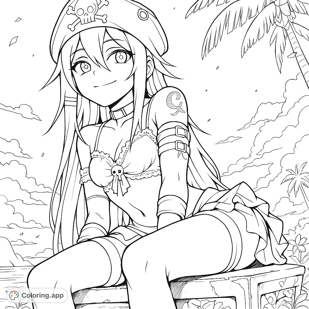 An anime pirate girl relaxes on a tropical island, featuring a detailed hat, bikini, and a serene beach background. Perfect for anime and pirate fans.