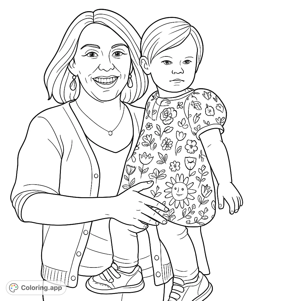 A heartwarming family bond coloring page featuring a smiling woman holding a young child in a floral dress. Perfect for all ages.
