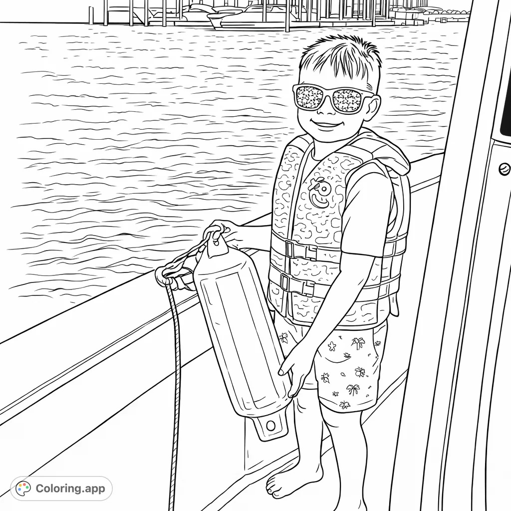 A cheerful boy, wearing a life vest and sunglasses, enjoys a boat ride, holding a fender. Features a marine scene with water and distant docks.