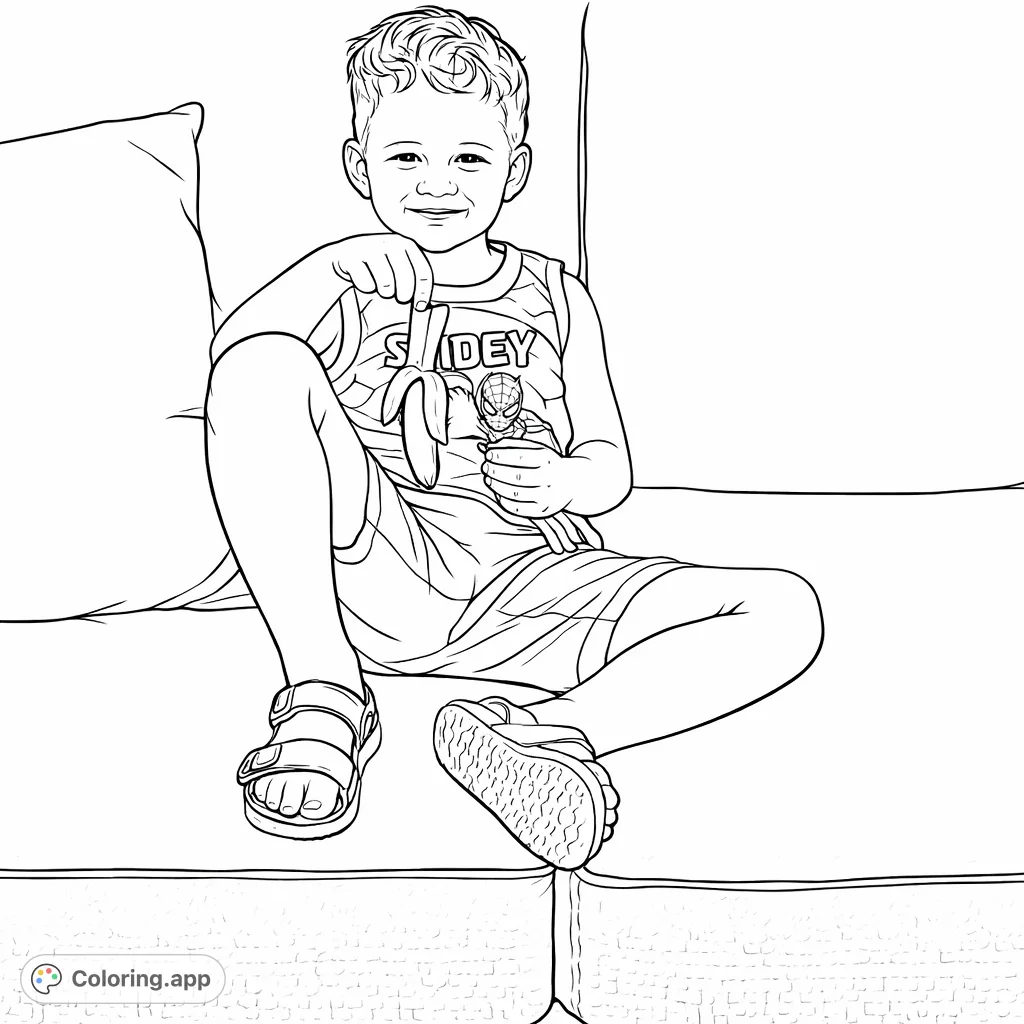 A cheerful boy sits on a sofa, holding a snack. This kid's coloring page offers a fun scene for young artists to personalize and enjoy coloring.