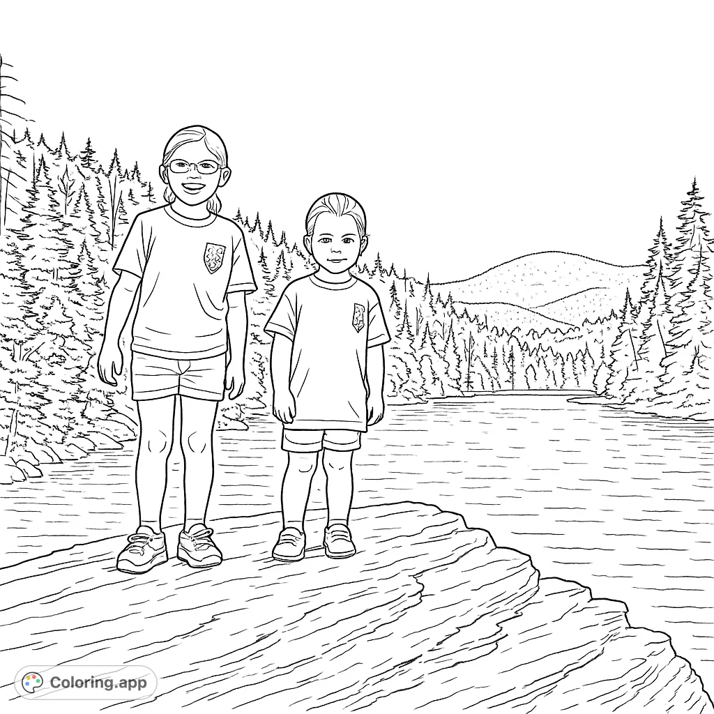 A scenic mountain lake coloring page featuring two children on a rocky outcrop, surrounded by dense forests and rolling hills under a vast sky.