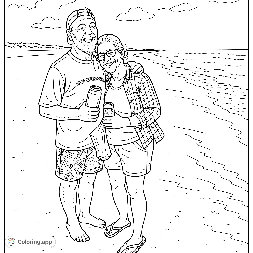 Capture the warmth of a couple's embrace on a serene beach. This free printable coloring page features a joyful pair by the ocean, perfect for relaxation.