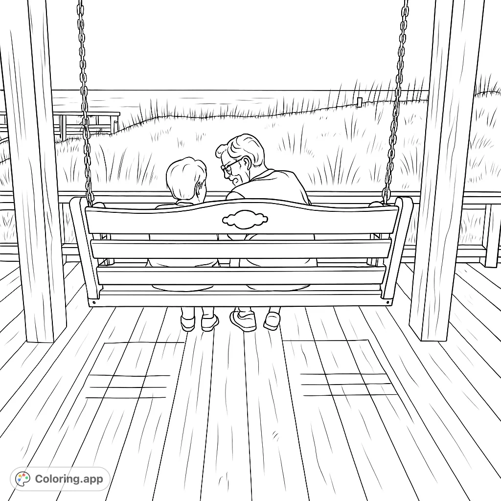 Relax on a peaceful coastal swing overlooking the ocean. Features two figures, a detailed wooden swing, and a serene beach landscape.