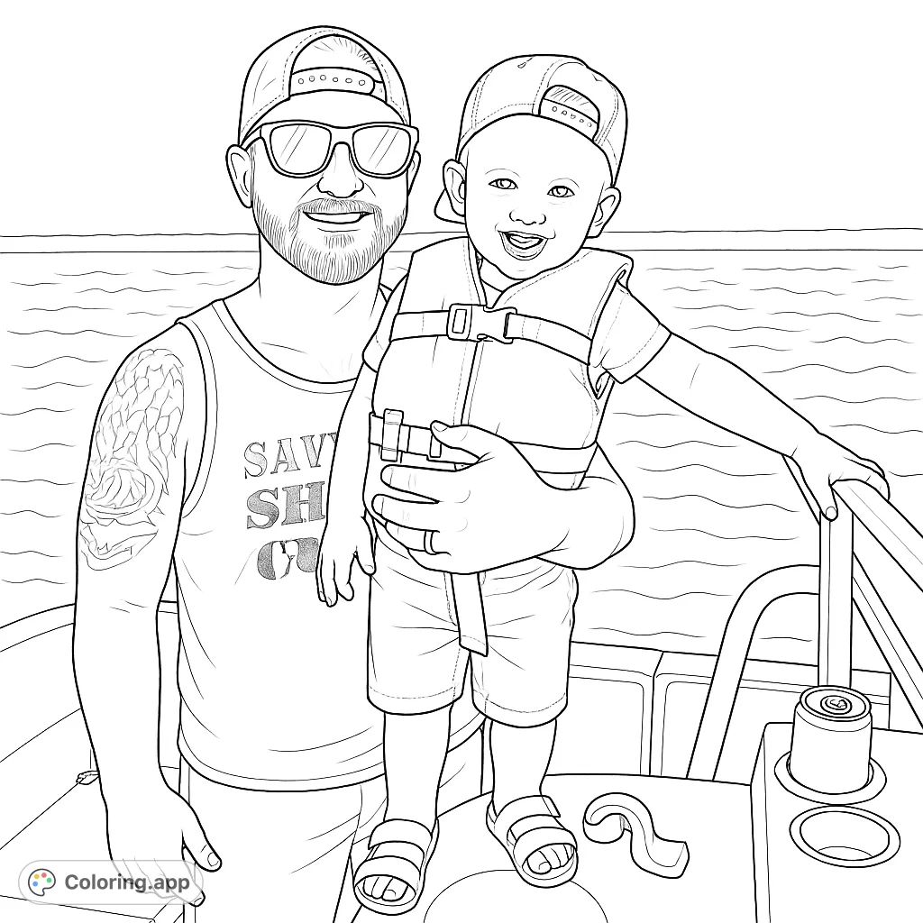 A heartwarming free printable father and child boating adventure coloring page. Features a smiling dad and child on a boat, perfect for family fun.