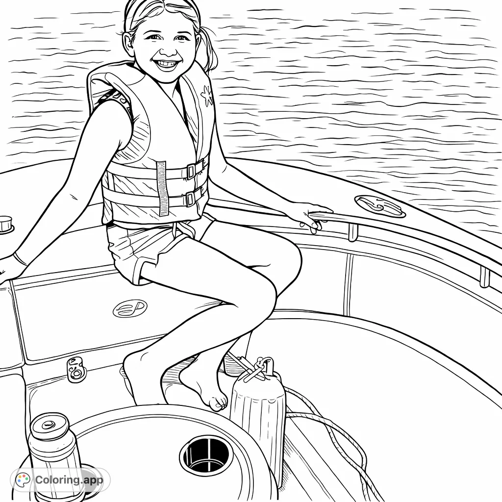 A smiling girl enjoys a boat ride, wearing a life jacket. Perfect for young adventurers to color, featuring boat details and rippling water.