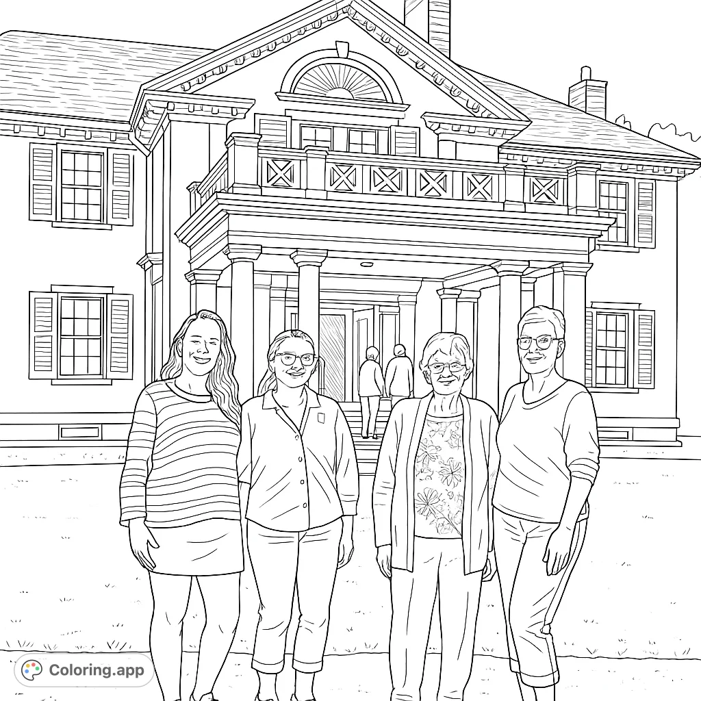 Color a charming scene of four women posing in front of a majestic historic mansion. Features intricate architecture and a serene outdoor setting.