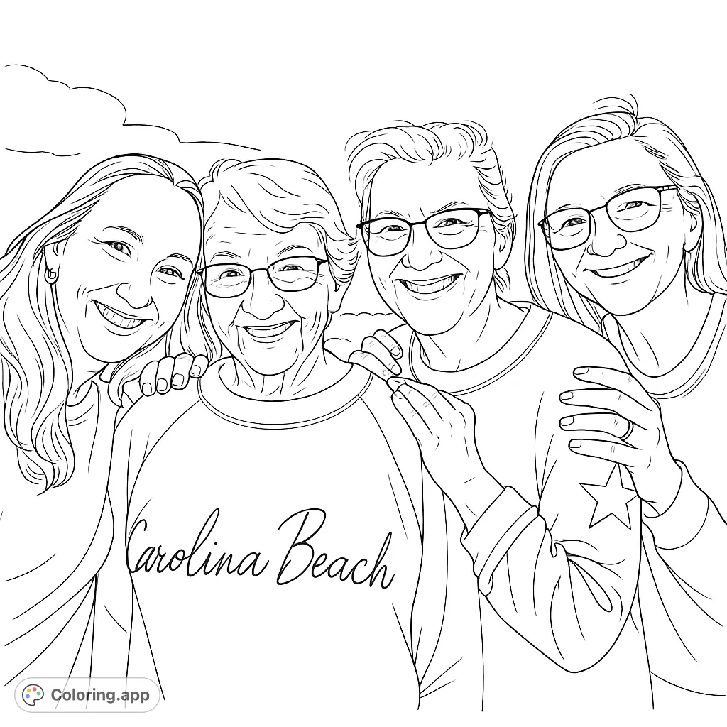 A heartwarming family generations coloring page featuring four smiling women embracing, perfect for free printable coloring page fun and relaxation.