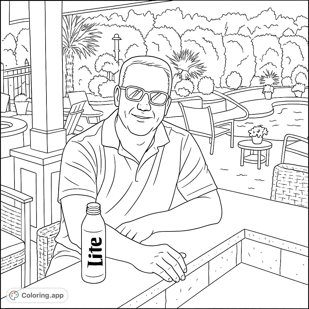 A smiling man relaxes by a sunny pool, leaning on a bar with a bottle. Perfect for a laid-back outdoor scene coloring page.