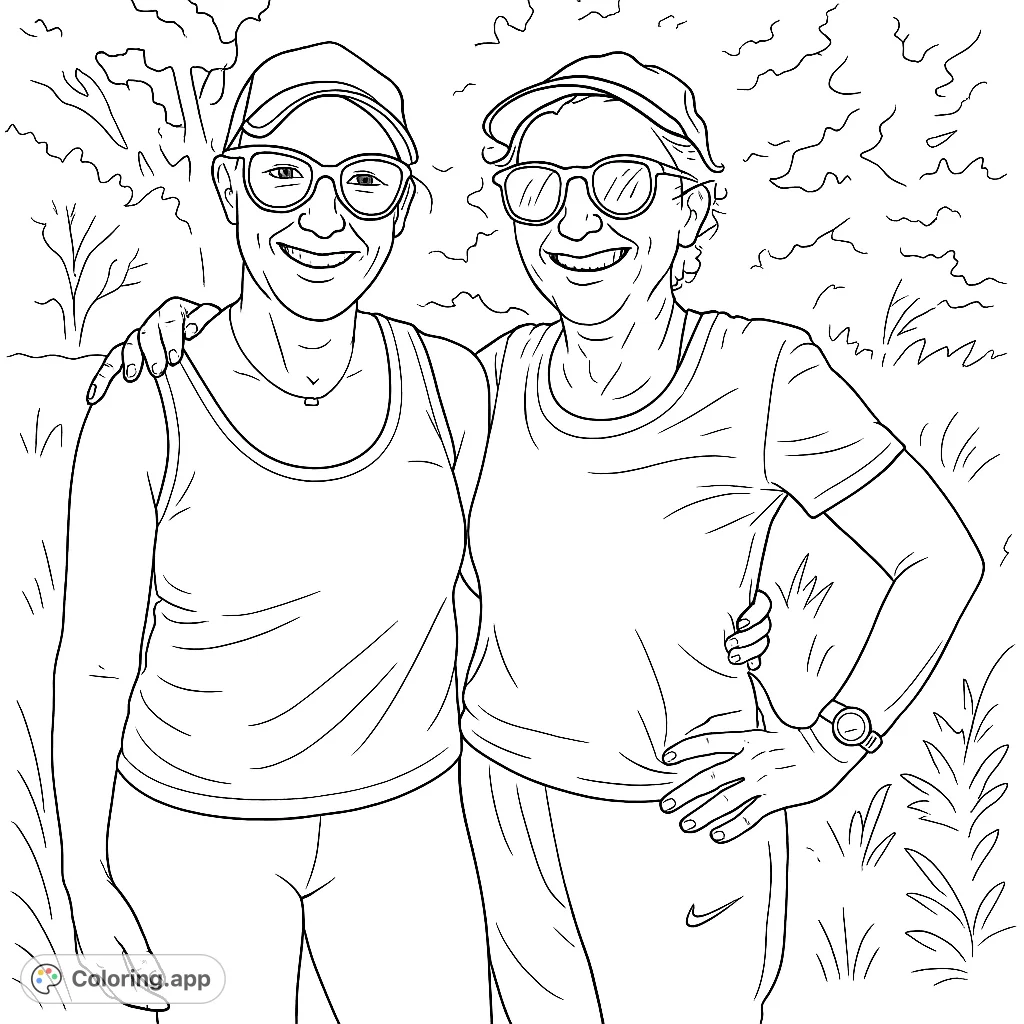 Two smiling women in hats and sunglasses, embracing outdoors. A free printable friendship coloring page for all ages, celebrating connection in nature.
