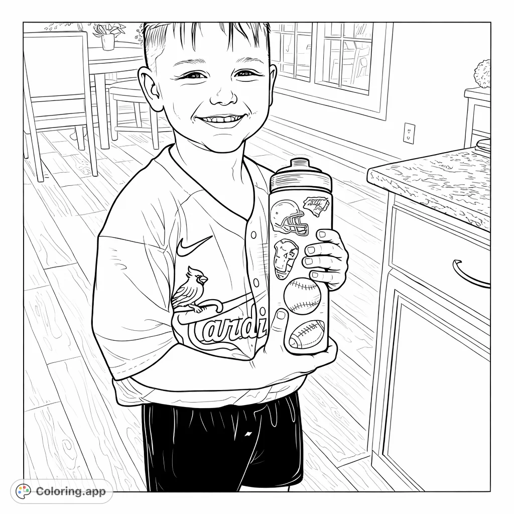 A cheerful boy in a sports jersey, holding a water bottle covered in fun athletic stickers, ready for a day of play. Perfect for young sports enthusiasts!