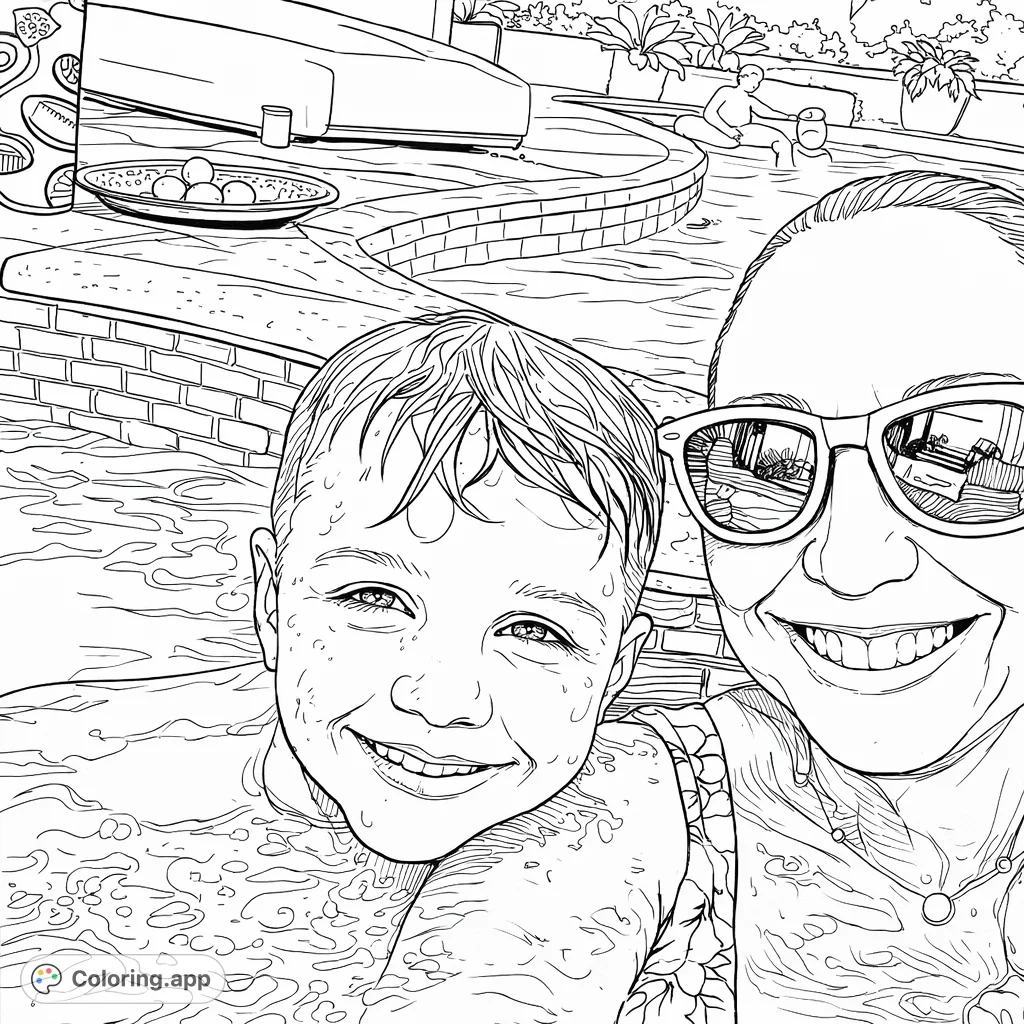 Capture the joy of a summer pool day with a smiling child and adult, surrounded by cool water and good times. A delightful family fun coloring page for all ages.