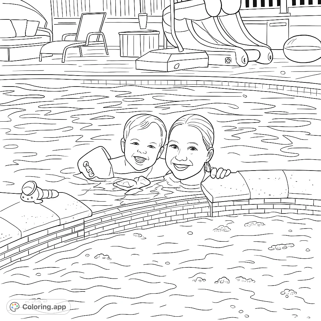 A joyful summer pool scene featuring two smiling children splashing in the water, with a pool slide and lounge area in the background. Perfect for a fun, relaxing coloring activity.
