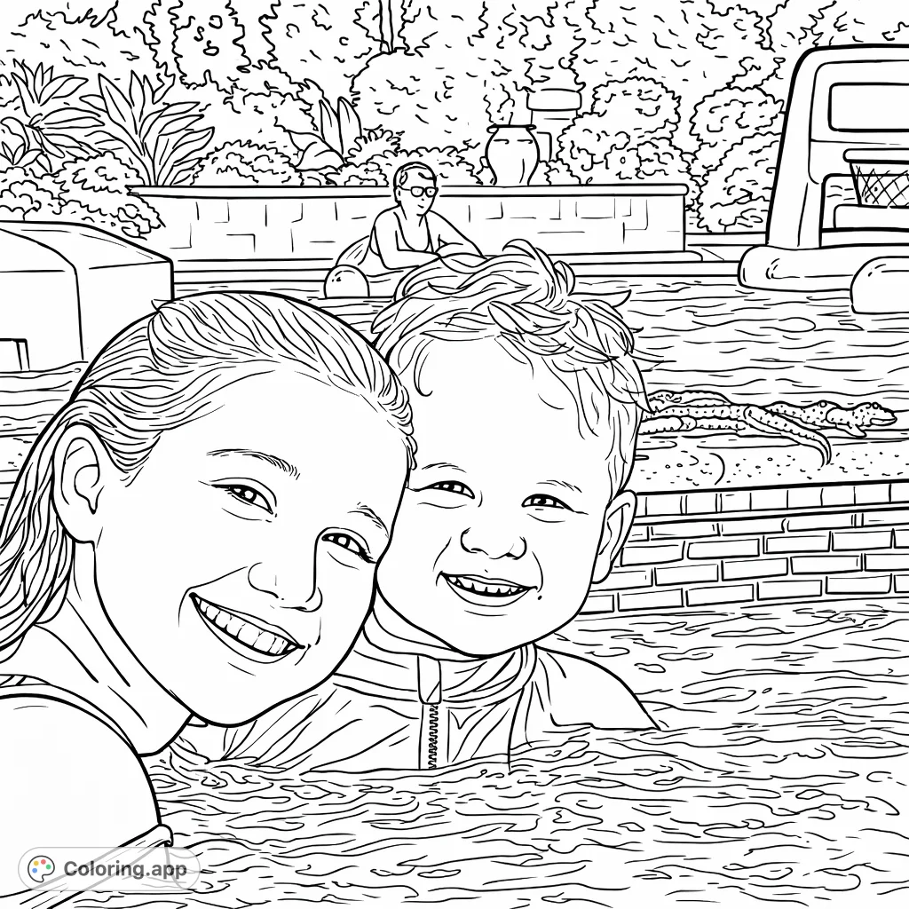 Capture the joy of summer with this delightful coloring page featuring two smiling children splashing in a pool with fun toys and lush surroundings. Perfect for all ages.
