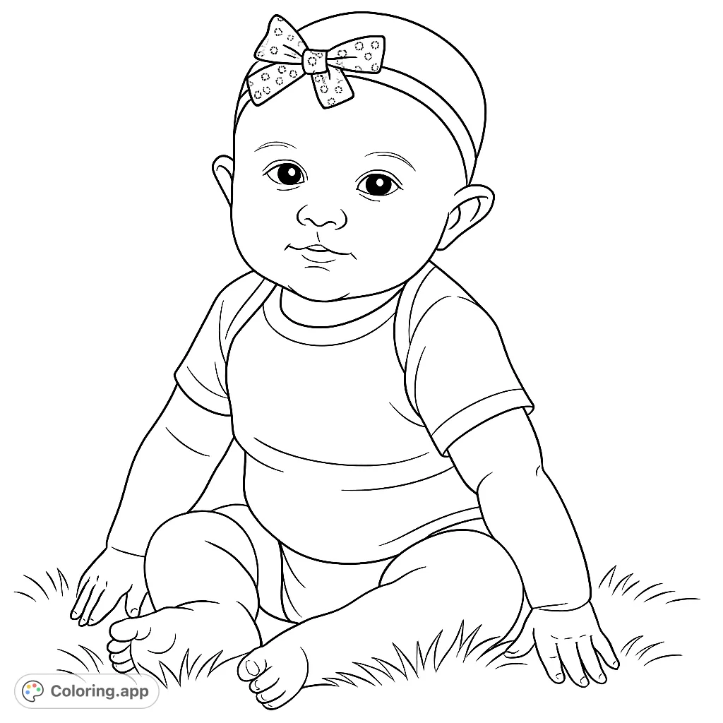 Adorable baby sitting with a patterned bow headband, ready for a free printable baby coloring page.