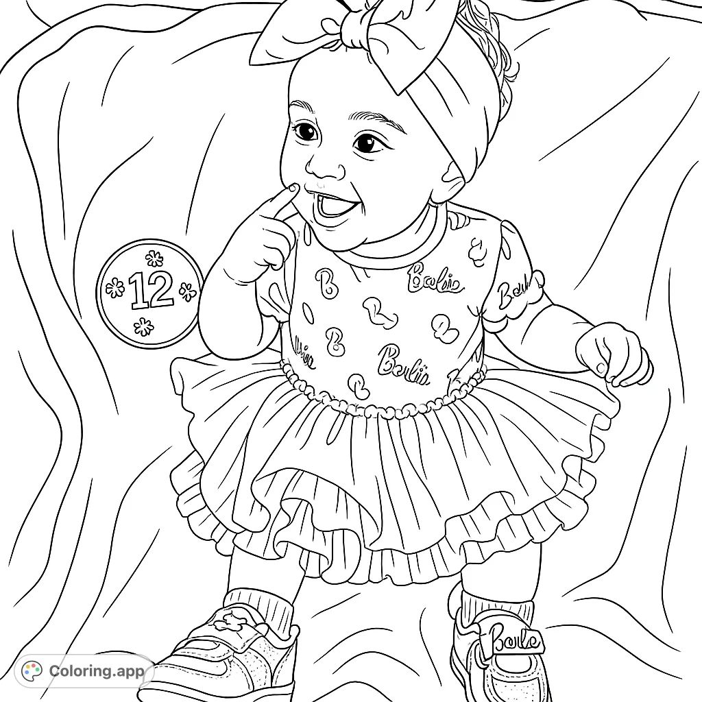 Adorable baby in a bow headband and ruffled tutu dress, smiling sweetly. A delightful baby coloring page for kids and adults.
