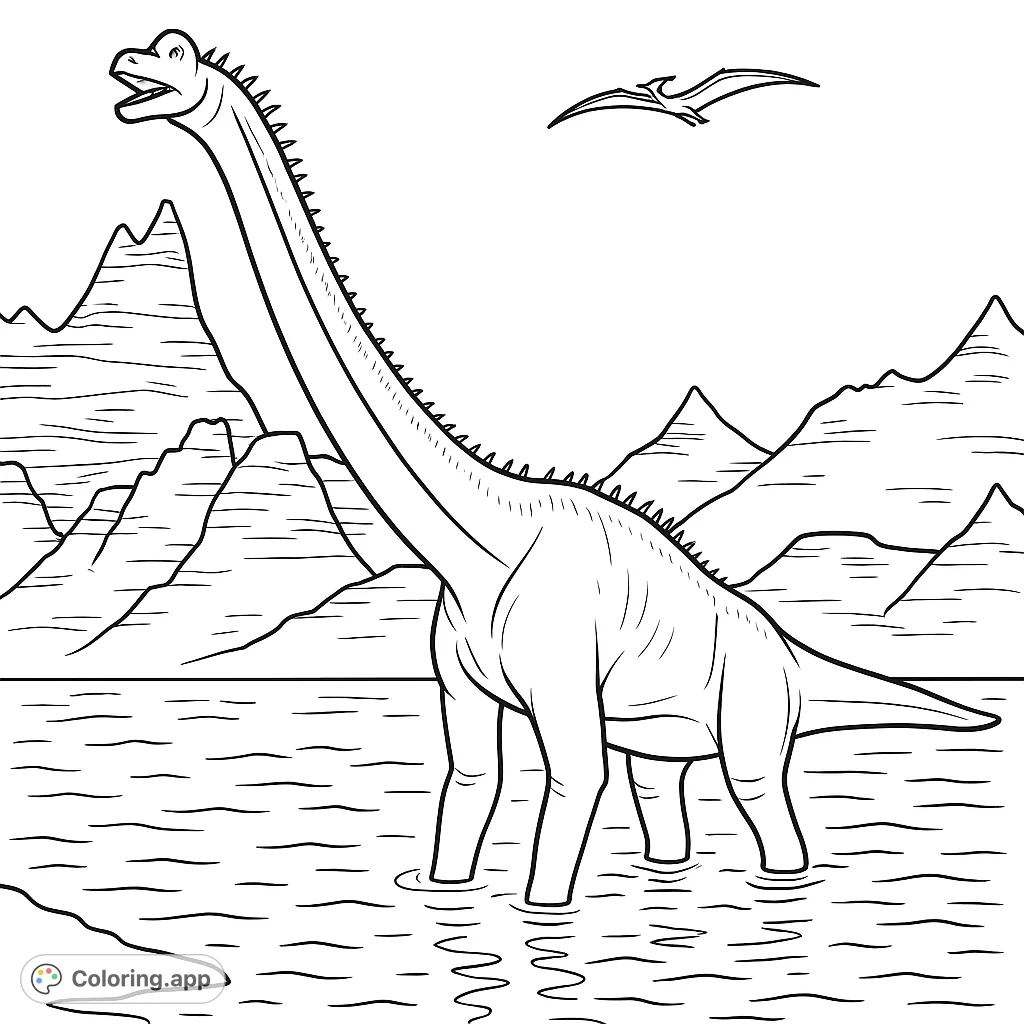 Explore a prehistoric world with a towering Brachiosaurus wading in water, surrounded by mountains and a flying Pterodactyl. A free printable dinosaur coloring page for all ages.