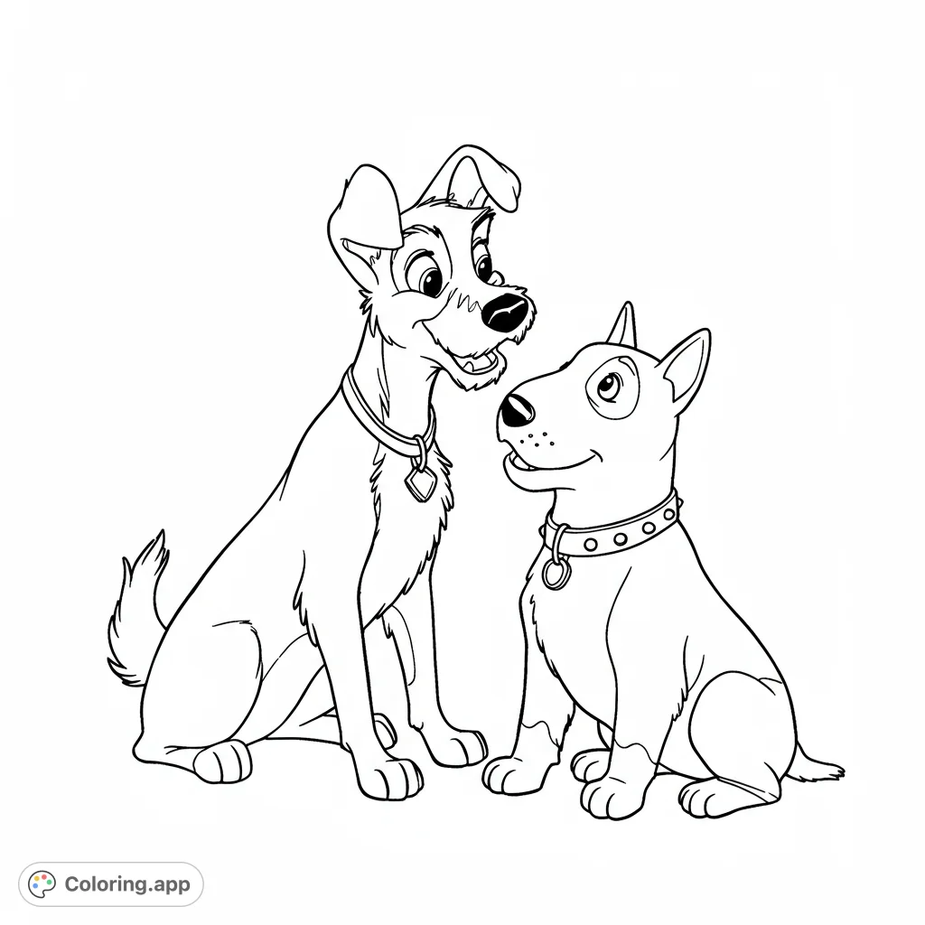 Tramp and Scud coloring page. A detailed black and white line art featuring Tramp from Lady and the Tramp and Scud from Toy Story.