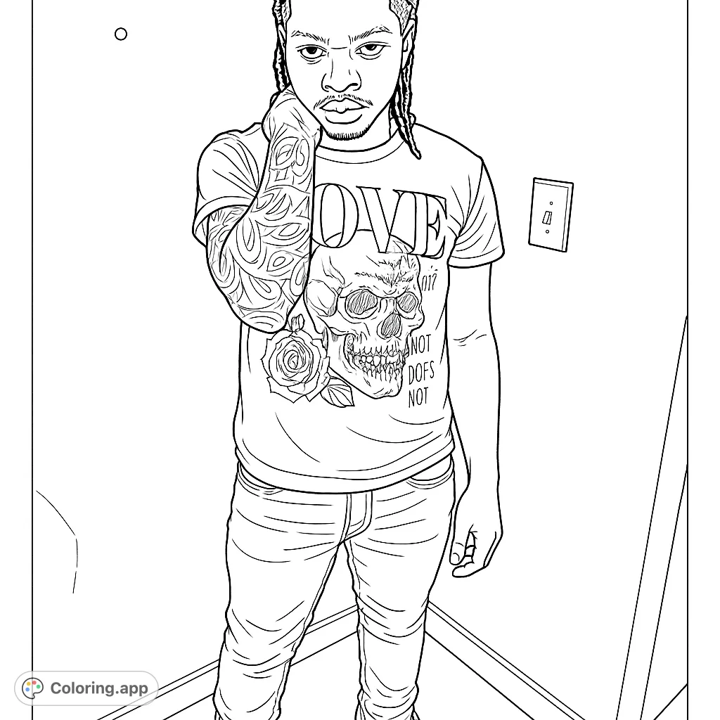 Color a stylish portrait featuring a person with braided hair, a detailed arm tattoo, and a cool skull and rose graphic tee. Perfect for urban fashion fans!