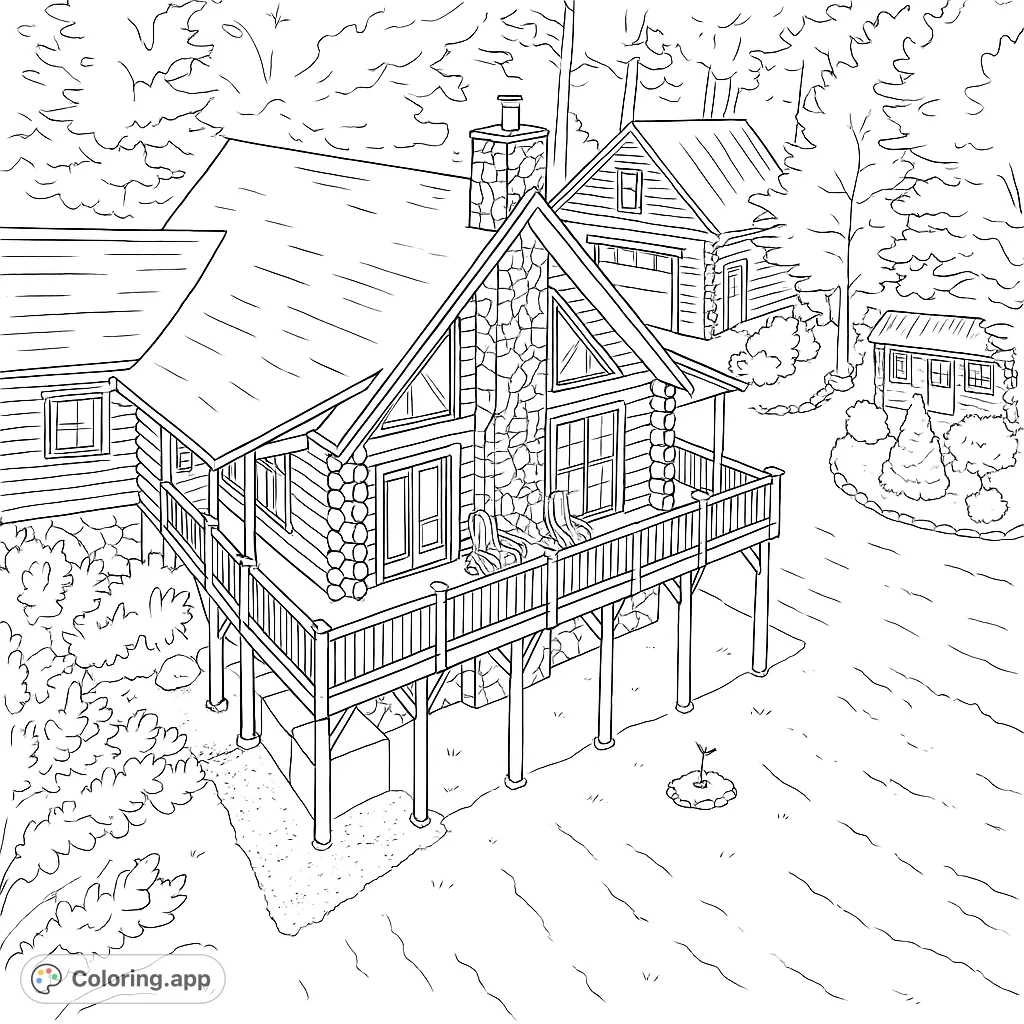 Explore a detailed log cabin nestled in a dense forest, complete with an elevated deck, stone chimney, and surrounding natural landscape. Perfect for nature lovers.