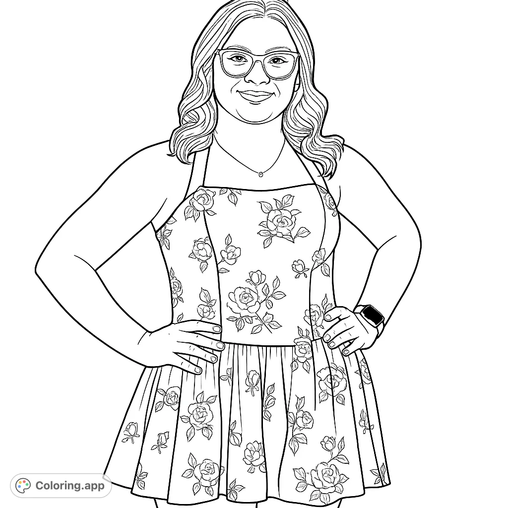 A confident woman in a beautiful floral dress, perfect for a relaxing coloring page. Features intricate rose patterns and a charming smile.