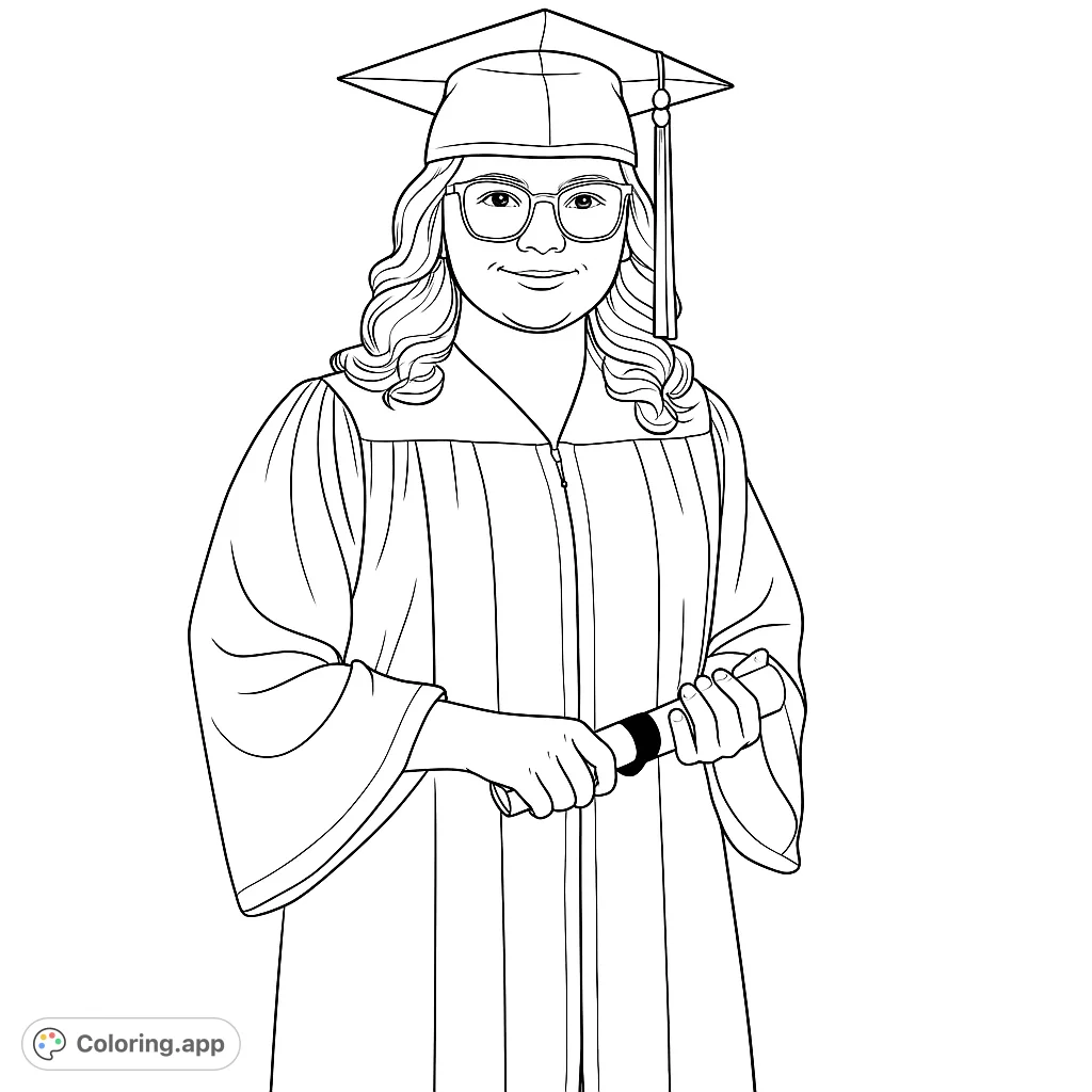 Celebrate achievement with this graduation coloring page! A proud graduate in cap and gown holds a diploma, ready for vibrant colors.