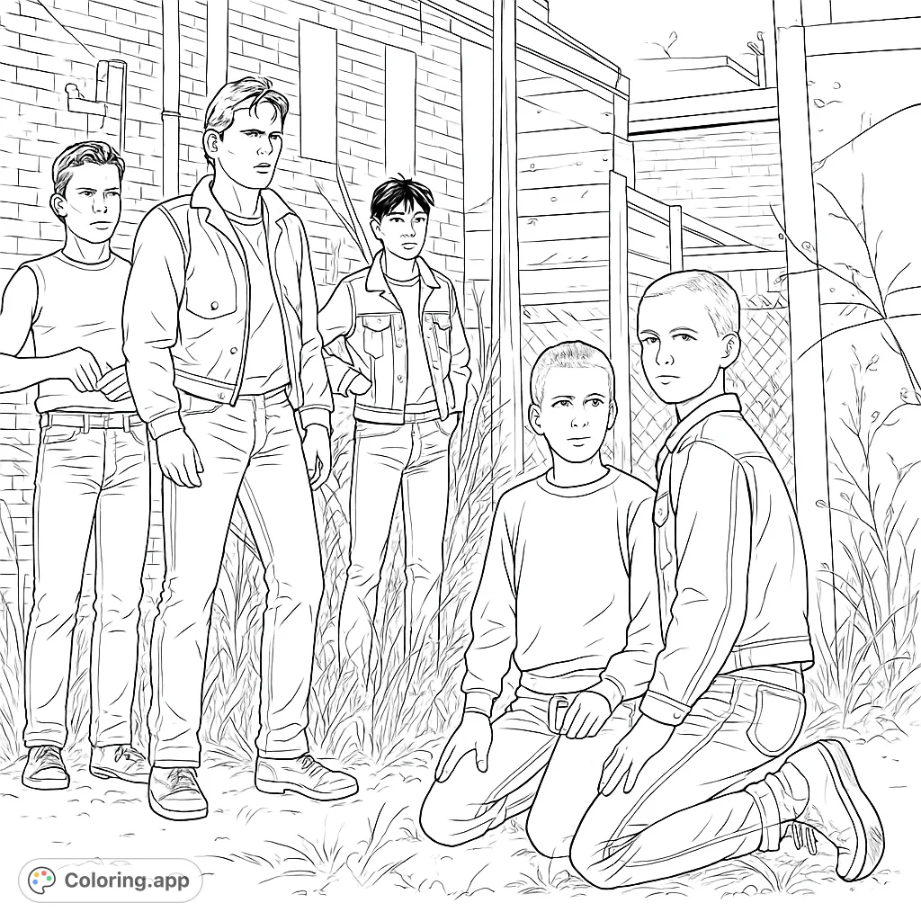 A group of five young men, some standing, some kneeling, in an urban setting with brick buildings and overgrown grass. A detailed line art scene.