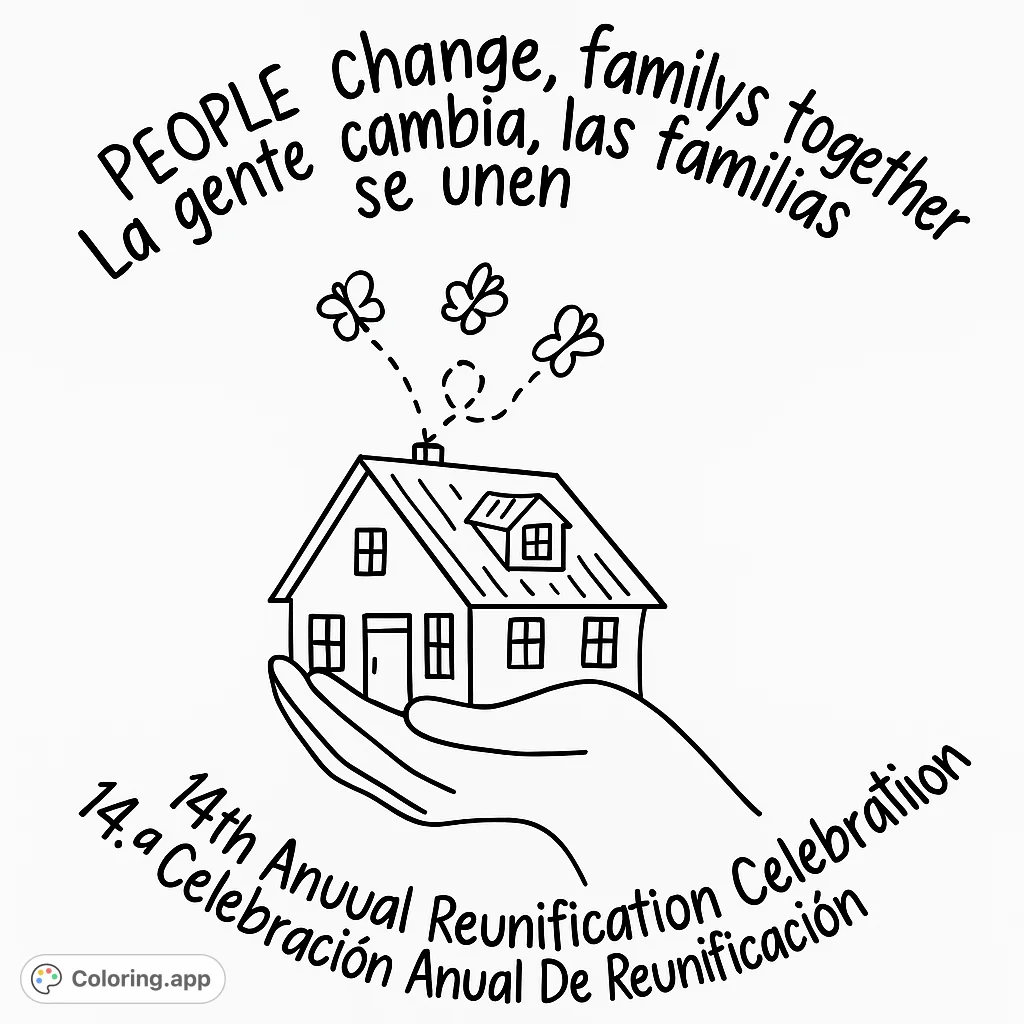 Celebrate family reunions with this coloring page! Features a house in hands, butterflies, and text in English and Spanish.