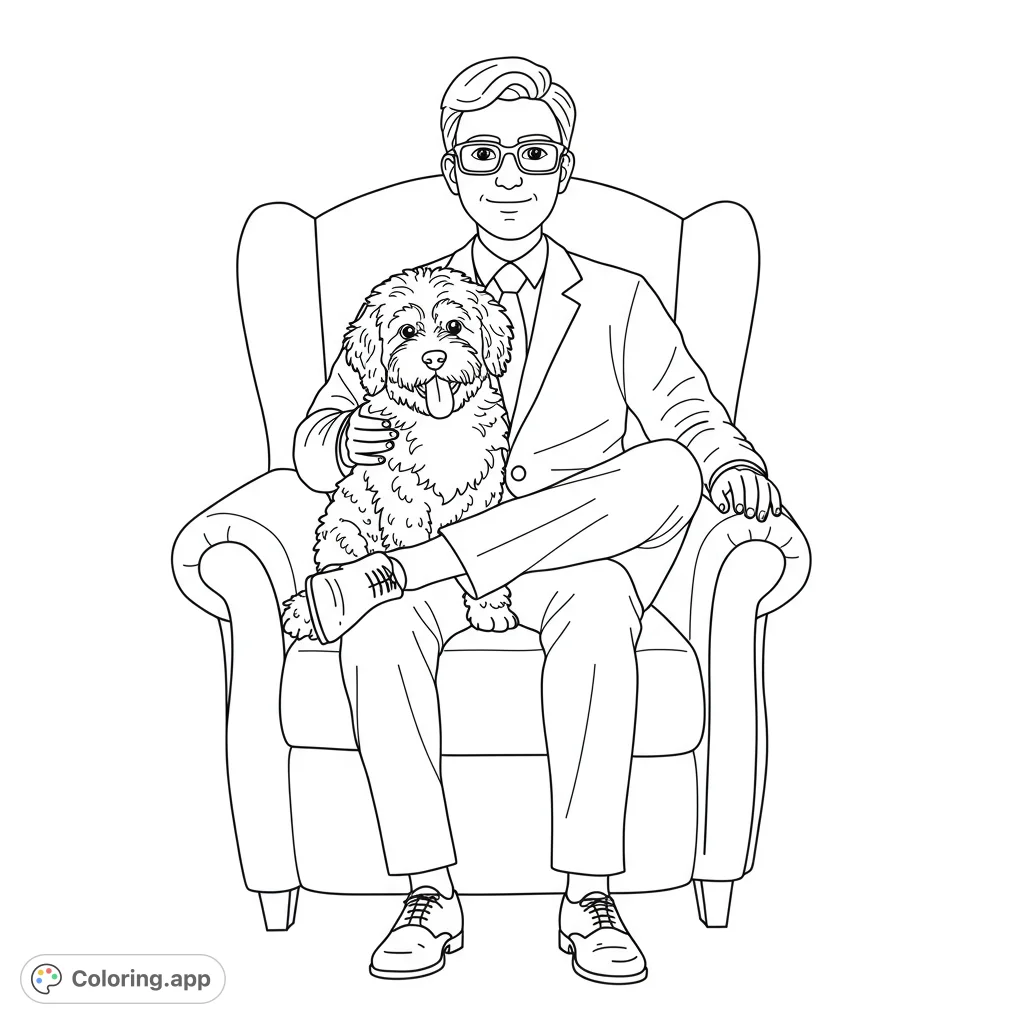 A heartwarming black and white line drawing of a man in an armchair with his fluffy dog, perfect for a relaxing and free printable coloring page.
