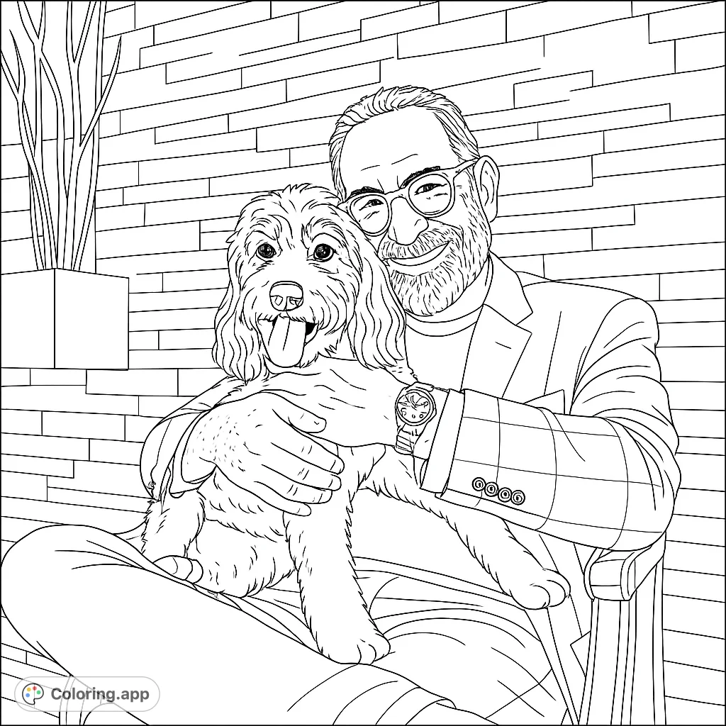 A heartwarming man and dog coloring page featuring a smiling man embracing his fluffy pet, set against a textured wall. Free printable coloring page for all ages.