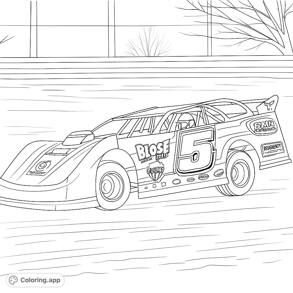 Dynamic dirt track race car coloring page, featuring a bold number 5 and speed lines. Perfect for racing fans of all ages.