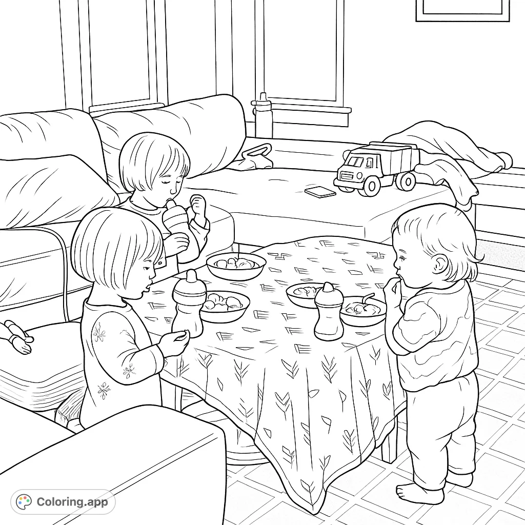 A heartwarming family mealtime coloring page featuring three toddlers enjoying snacks and bottles in a cozy living room setting.