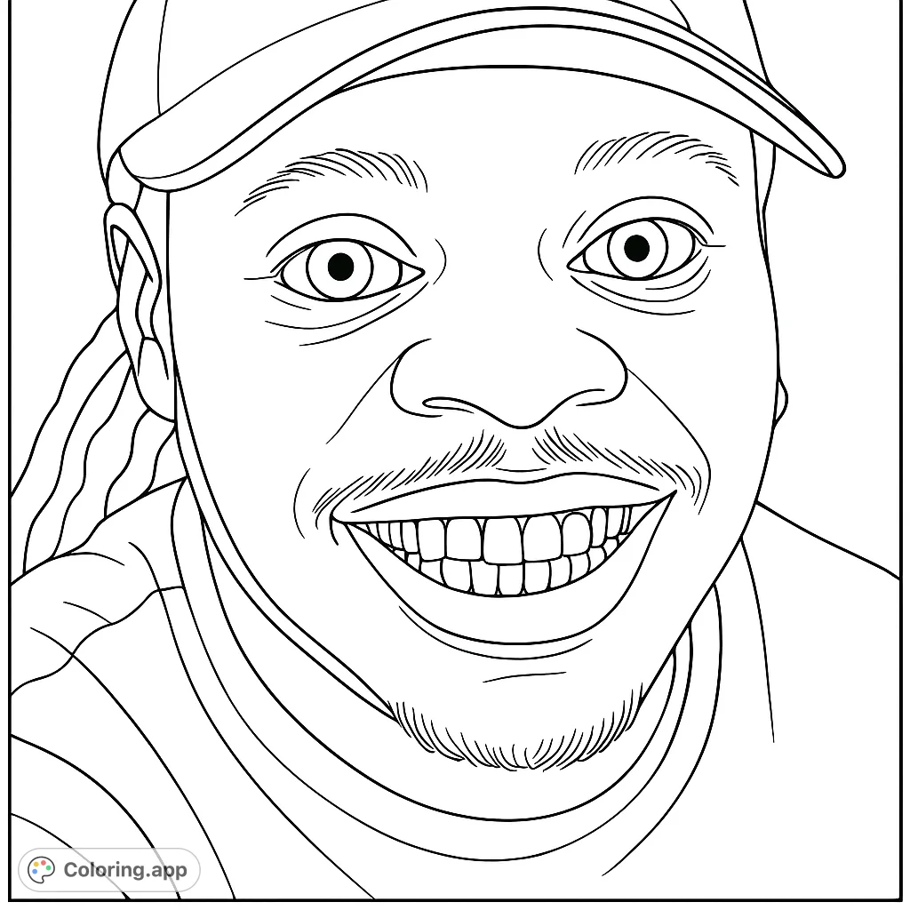 A close-up of a person with a wide, joyful smile, wearing a cap. This happy portrait coloring page is a free printable coloring page, perfect for all ages.
