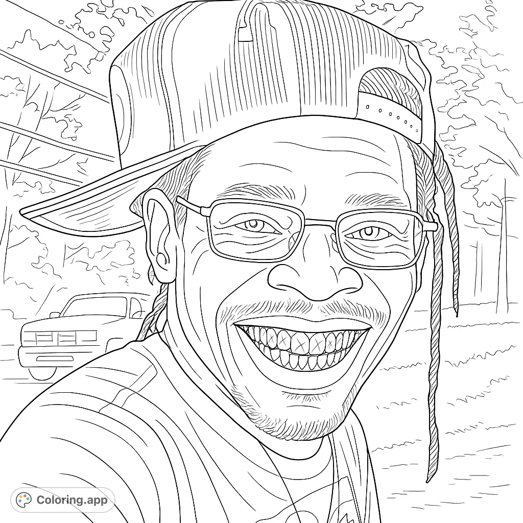 A vibrant portrait of a person with a wide, joyful smile, wearing glasses and a backward cap. A free printable portrait coloring page for all ages.