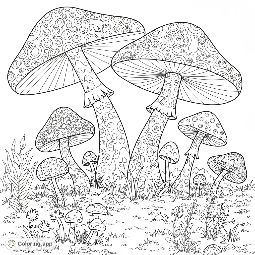 Explore a magical mushroom patch with intricate patterns and whimsical details. A free printable mushroom coloring page for all ages to enjoy.