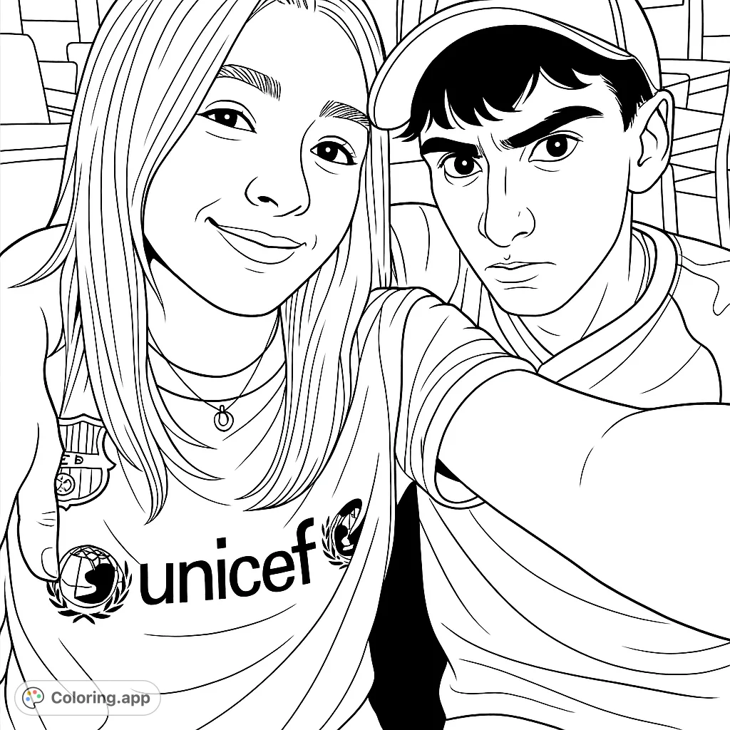 A dynamic selfie coloring page featuring a smiling girl and a serious boy, perfect for personalizing expressions and clothing. Free printable coloring page for all ages.
