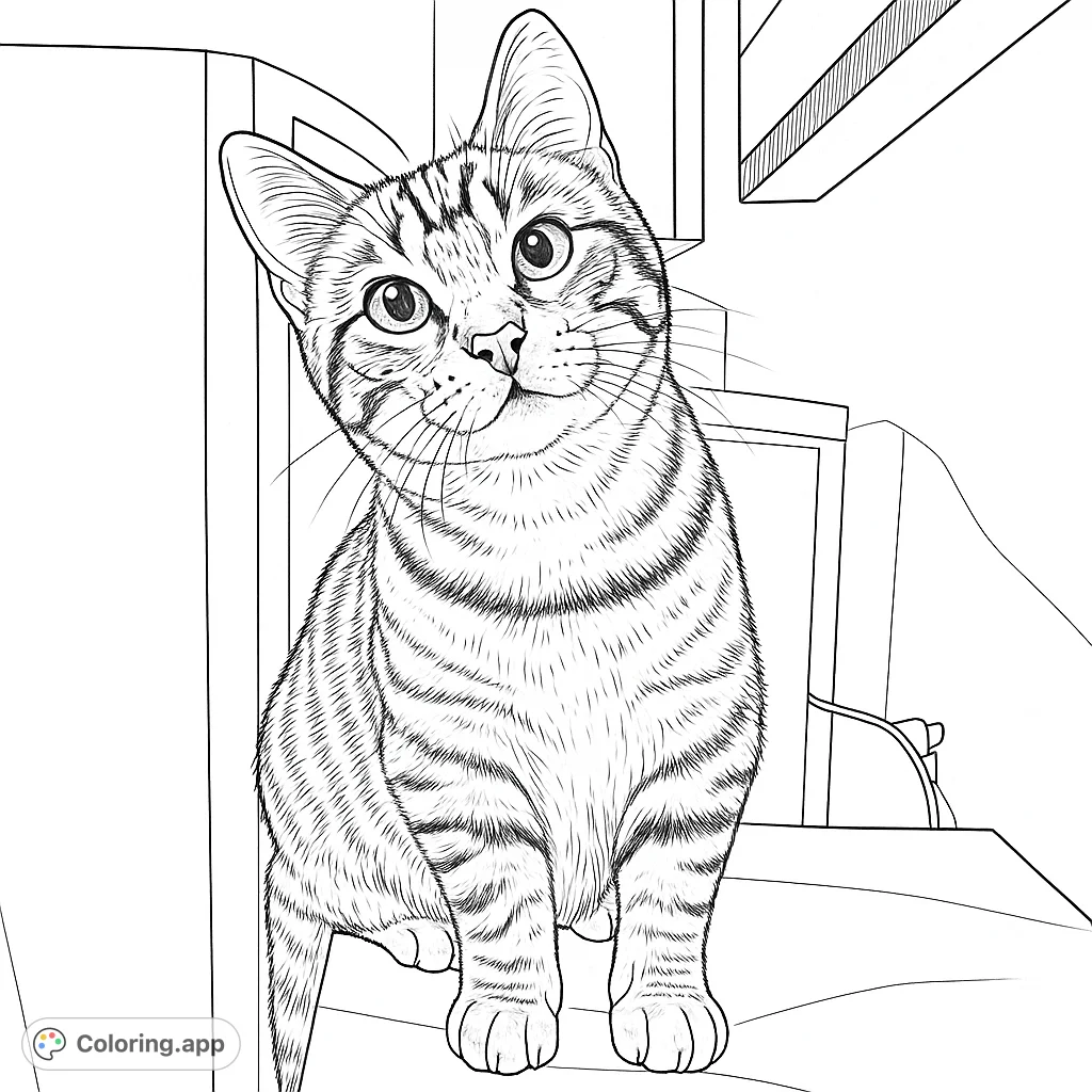 An adorable tabby cat with expressive eyes and detailed fur patterns, sitting attentively in an indoor setting, ready for vibrant coloring.