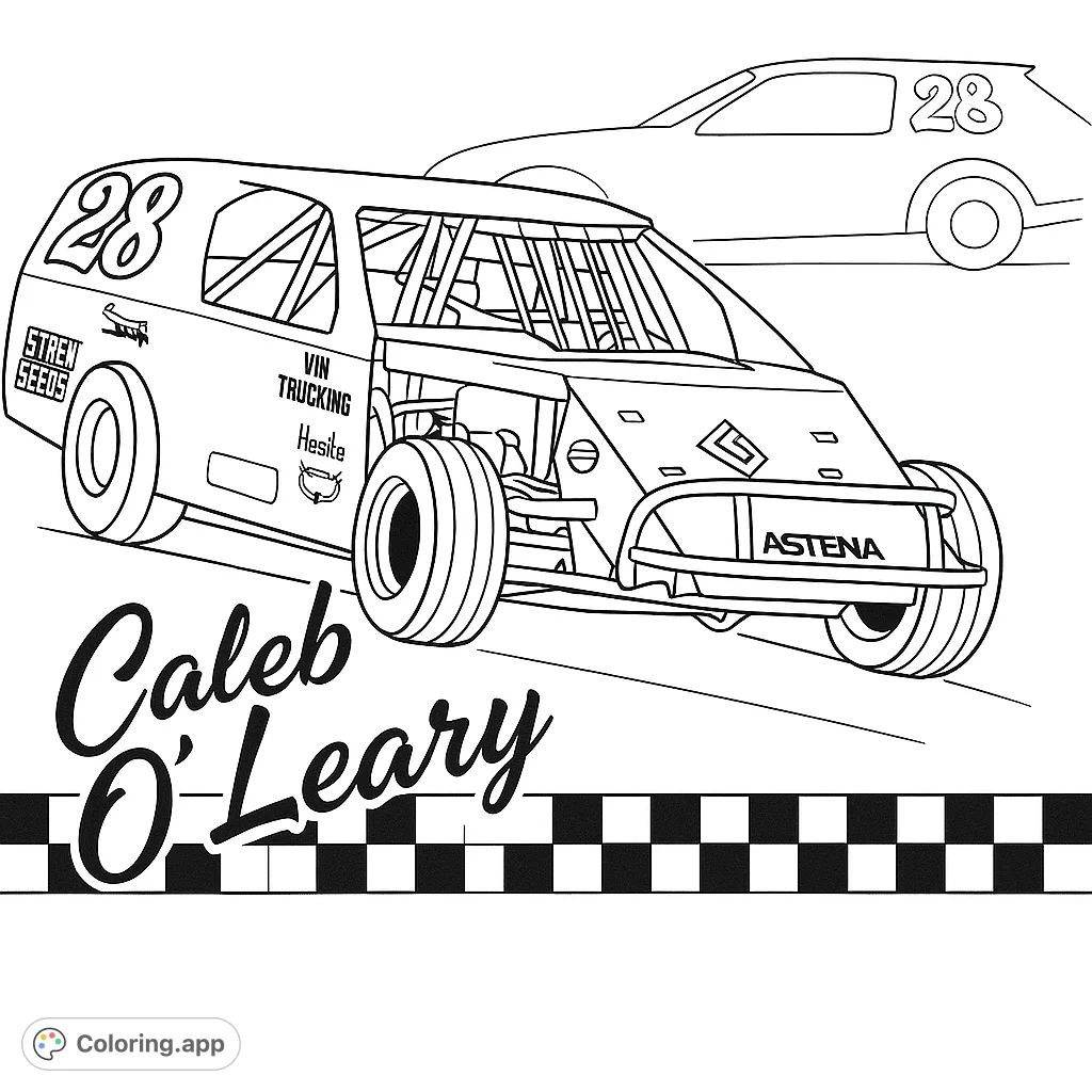Rev up your creativity with this dynamic race car coloring page, featuring a detailed dirt modified and a classic stock car on a checkered track.