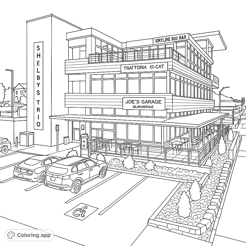 Explore a detailed modern cityscape featuring a multi-story building, outdoor patio, and parked cars. A free printable urban architecture coloring page for all ages.