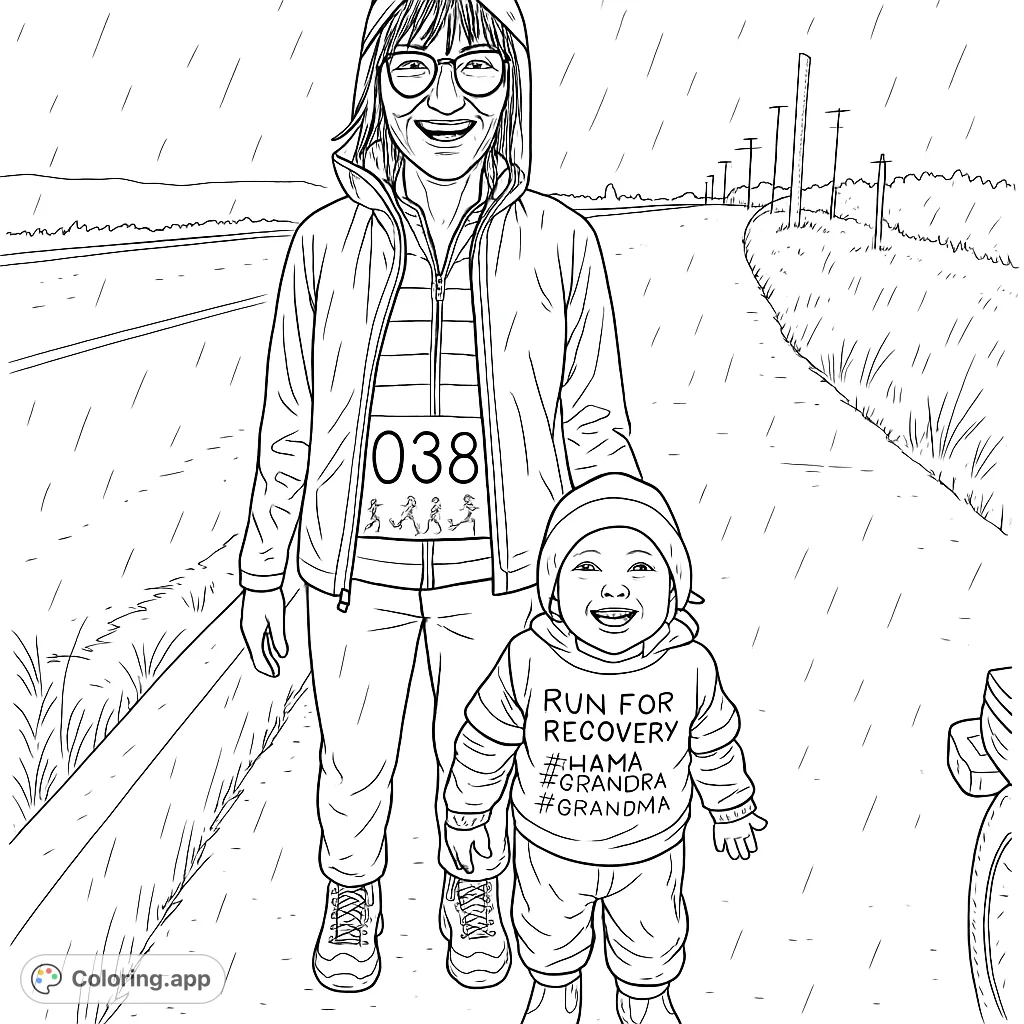 A heartwarming free printable family coloring page featuring a smiling adult and child walking together in the rain on a road, perfect for all ages.