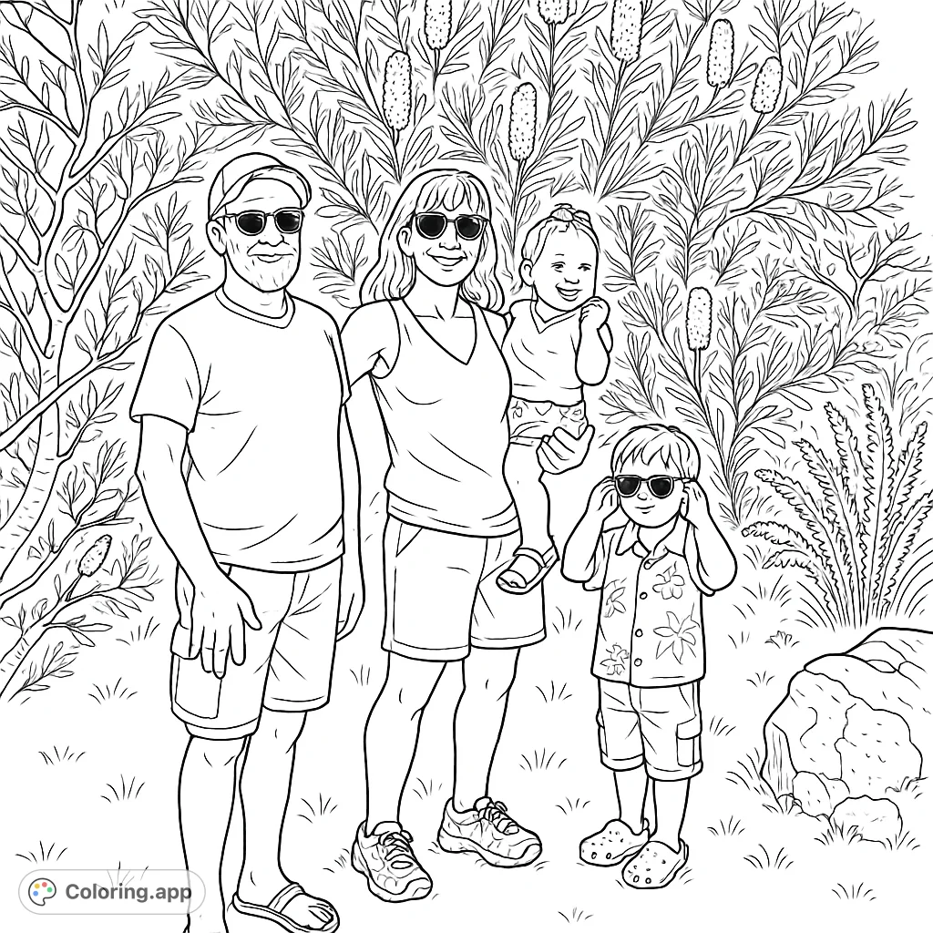 A happy family of four, including a baby and young boy, enjoying an outdoor adventure amidst lush botanical foliage. Perfect for all ages.