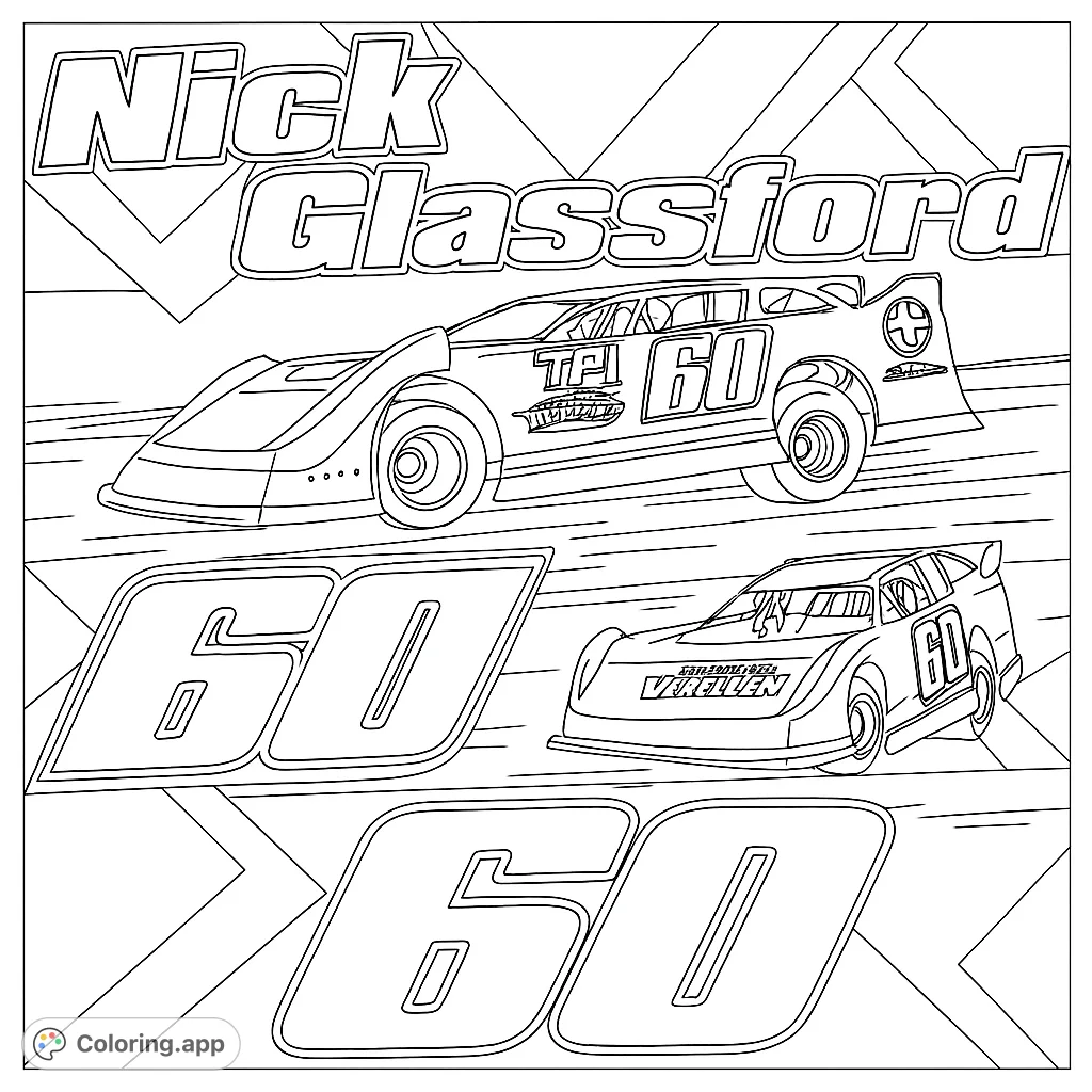 Dynamic race car coloring page featuring two powerful vehicles and bold geometric shapes, perfect for speed enthusiasts.