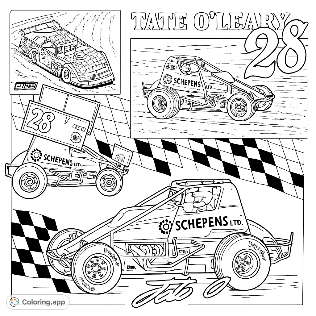 Detailed race car coloring page featuring three dynamic vehicles and a checkered flag, perfect for speed enthusiasts and intricate coloring.