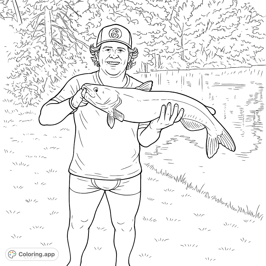 A proud angler holds a large fish by a serene lake, surrounded by lush trees and grassy banks. A perfect fishing adventure coloring page.
