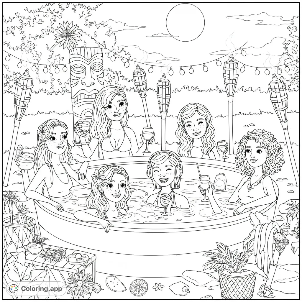 Six friends enjoy a relaxing hot tub party with tropical drinks, tiki torches, and string lights under a moonlit sky. A fun, free printable coloring page.